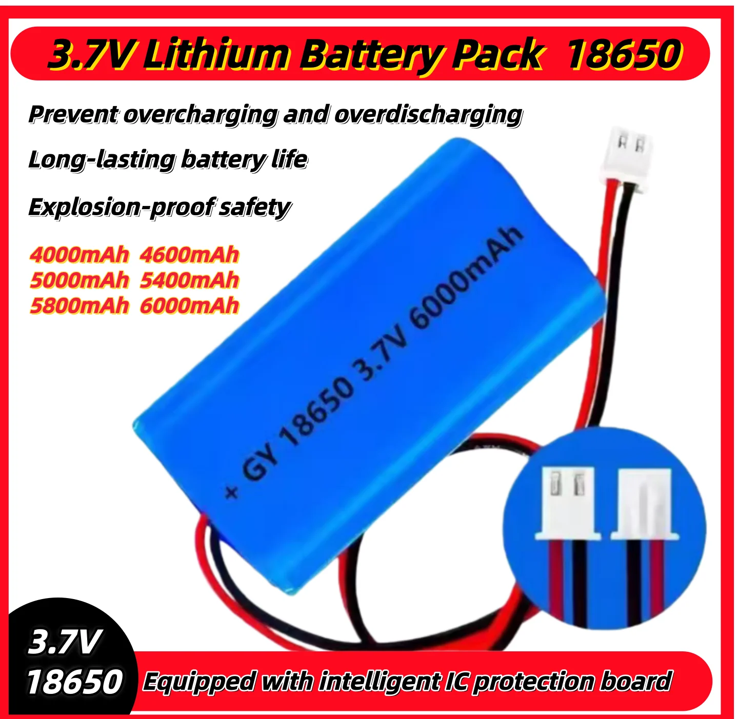 

3.7V Lithium Battery Pack 4000-6000mAh 18650 Rechargeable Battery Pack Amplifier Speaker Protection Board + XH-2P Plug