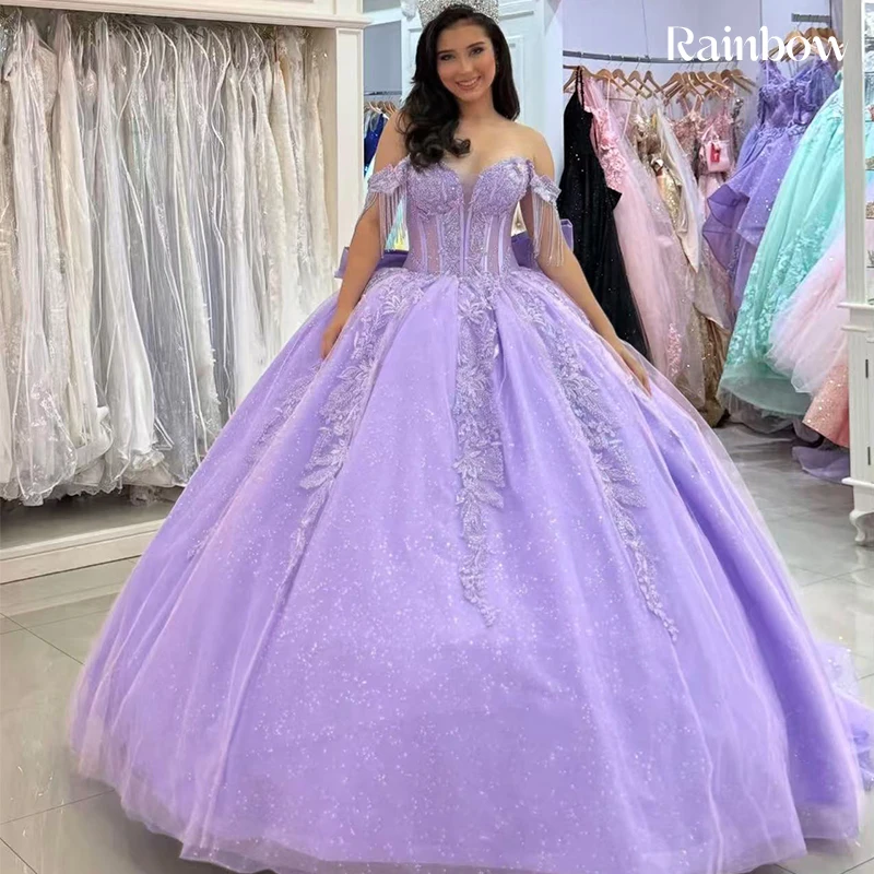 Fioletowa suknia Quinceañera z organzy z haftem i cekinami, księżniczka, suknia balowa, bez rękawów, dekolt łódka, szyta na miarę, suknie na studniówkę, kokarda