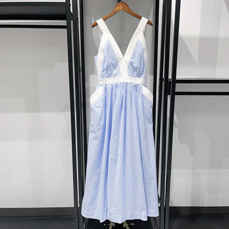 فستان متوسط الطول بدون ظهر ورقبة على شكل حرف V عالي الخصر فضفاض بفتحة مجوفة للنساء، هدية أنيقة مثيرة لحفلات الشاطئ والتاريخ الليلي