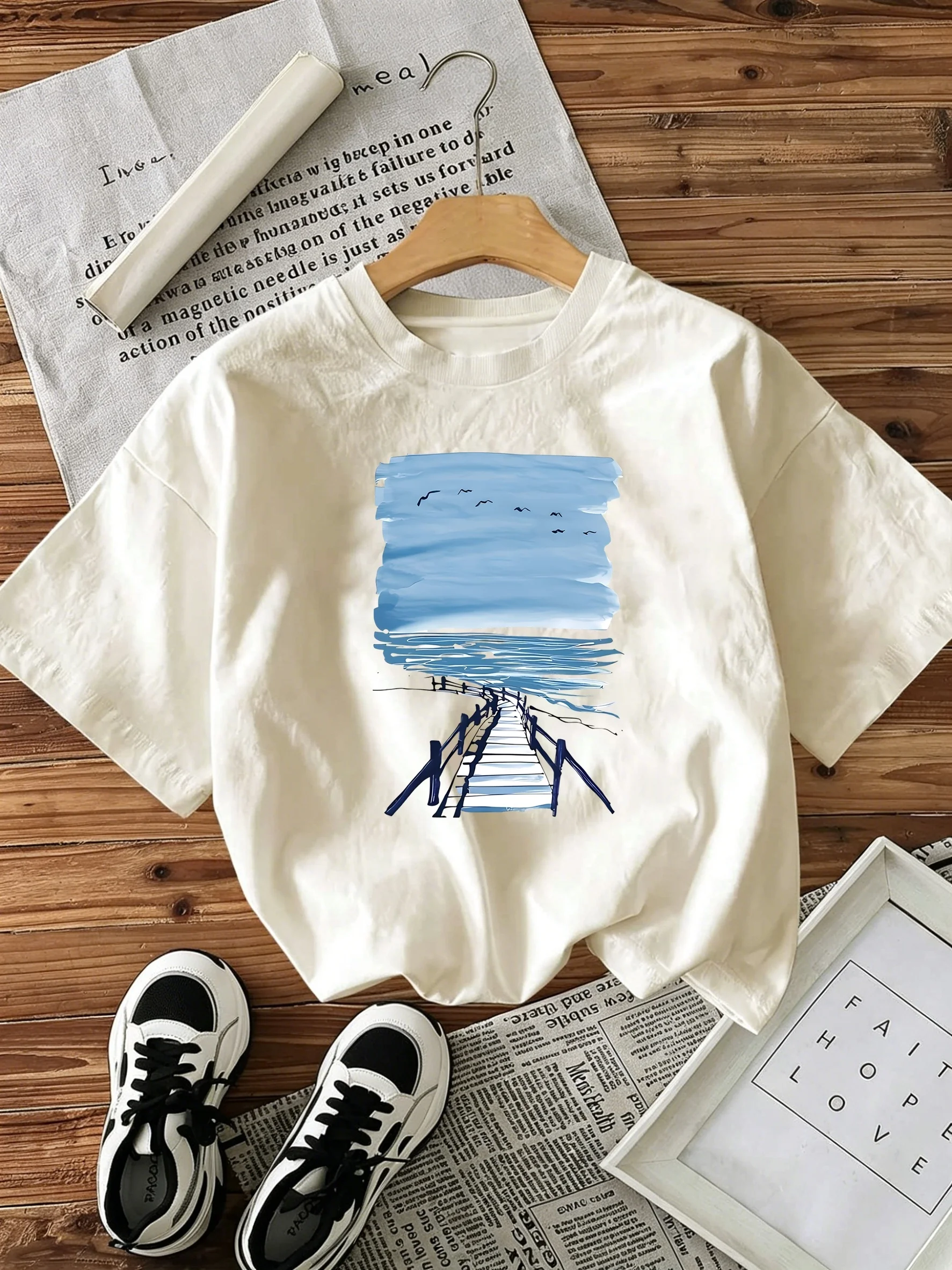 Wooden Dock Lake View Printed Short-Sleeved Round-Neck Casual Shirt Suitable for Summer and Spring Women'S Clothing