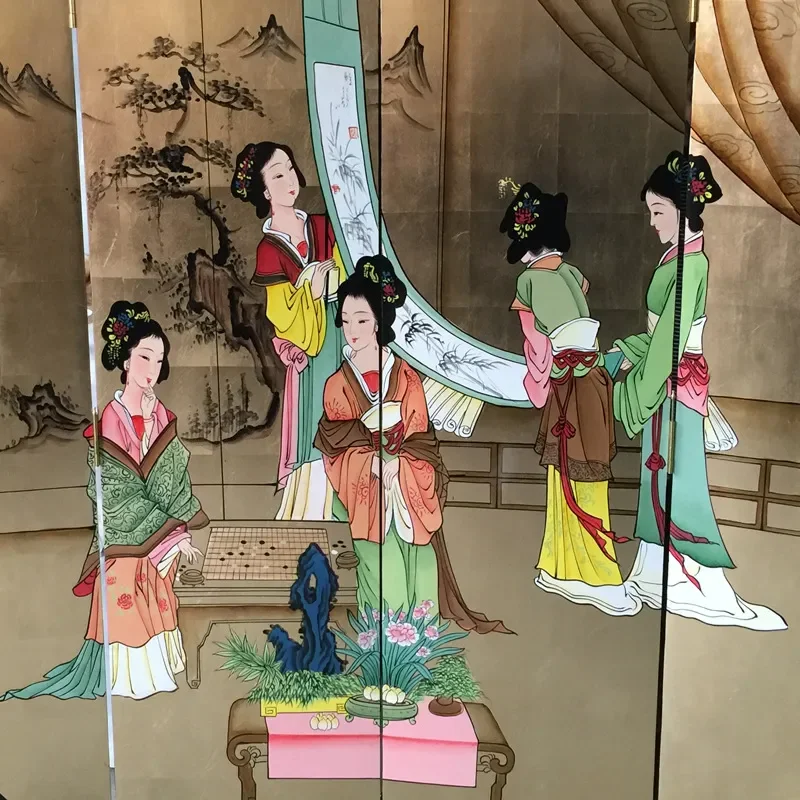 Gold Foil Round Folding Screen Hand Painted Chess Painting Ming Qing Classical Furniture Decorative Background Wall