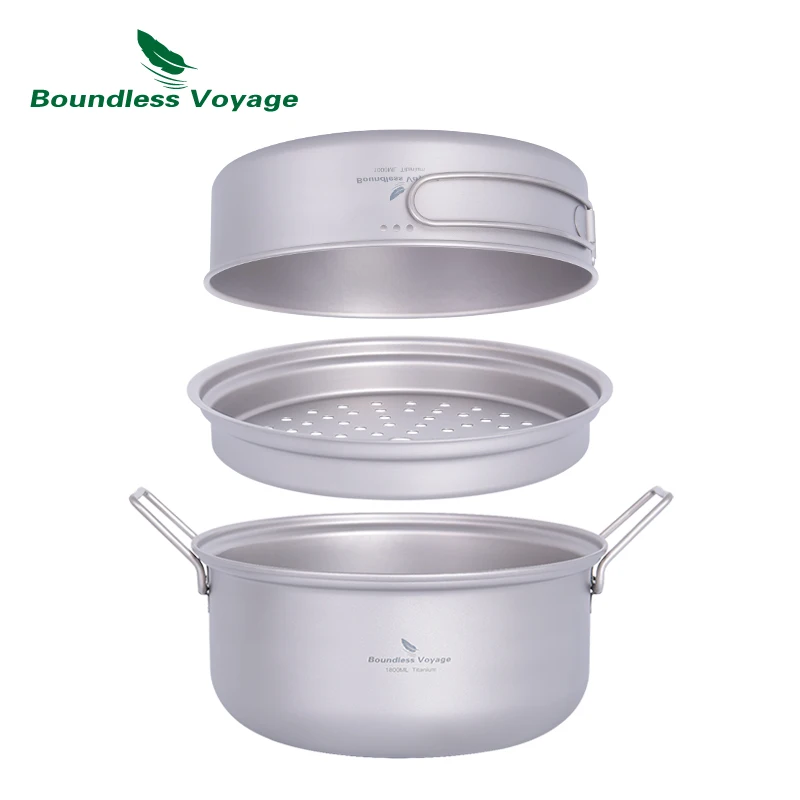 

Boundless Voyage Titanium Steamer Stockpot with Fry Pan Set Ultralight Outdoor Cooking Pot Camping Soup Water Rice Food Pot Pan