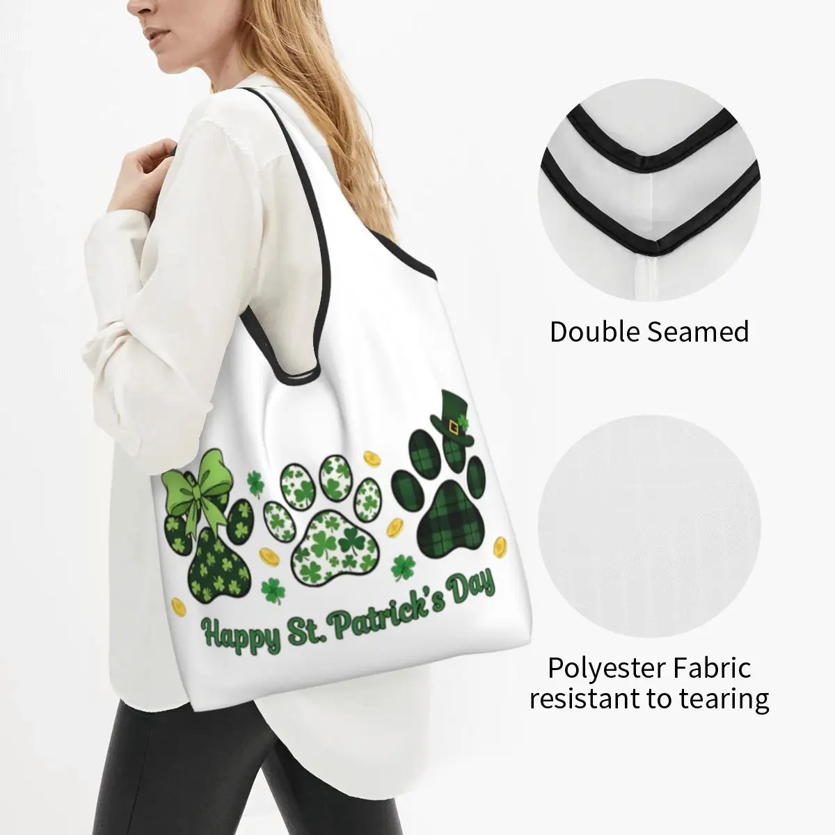 Happy St Patrick's Day Irish Dog Paw Prints Grocery Bags Durable Large Recycle Foldable Heavy Duty Shopping Eco Bag With Pouch