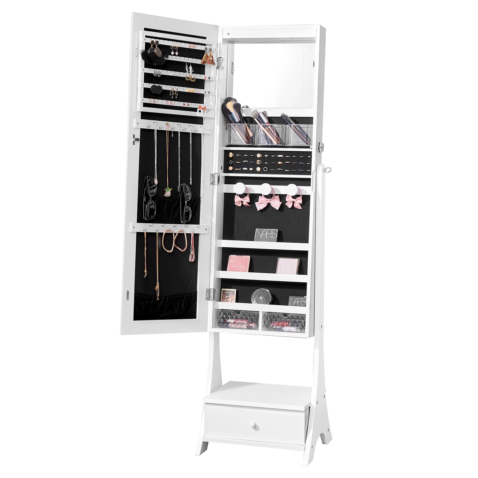 VEVOR Mirror Jewelry Cabinet Standing with Lockable Organizer with Full Length Mirror Velvet Lining Interior LED Light Drawer