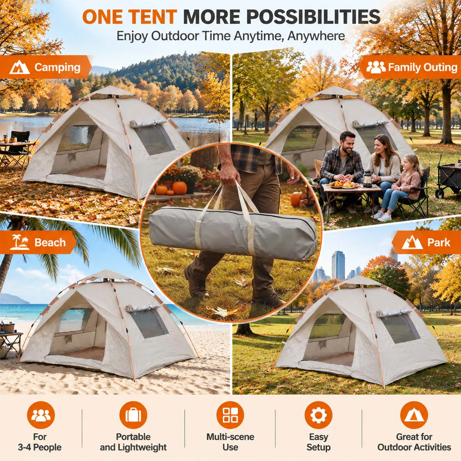 Sand Beige Pop Up Camping Tent, Automatic 2 Doors 2 Windows Tent for Family Outdoor Travel