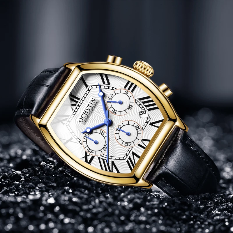 OCHSTIN Men‘s Luxury Watches Man Quartz Chronograph Business Luminous Hand Wirstwatch Genuine Leather Rectangular Clock for Men