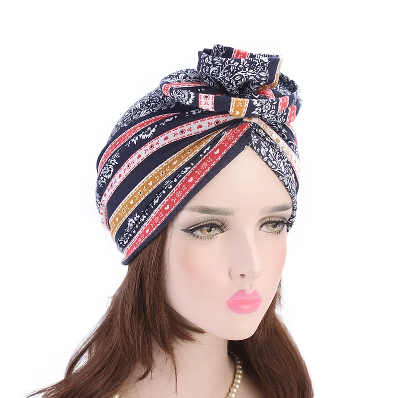 Bohemia Style Cotton Print Donut Turban Caps for Women Stretchy Muslim Headscarf Bonnet Hat Ladies Headband Turbans Headwraps