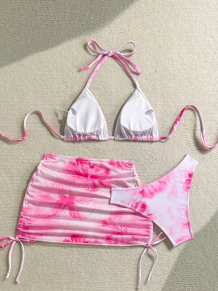 Vzvn Sexy Print Laced Up Bikini Women Split Swimsuit Beach Vacation Bikini 2026 New All Season Backless Bikini Skirt 3 Piece Set