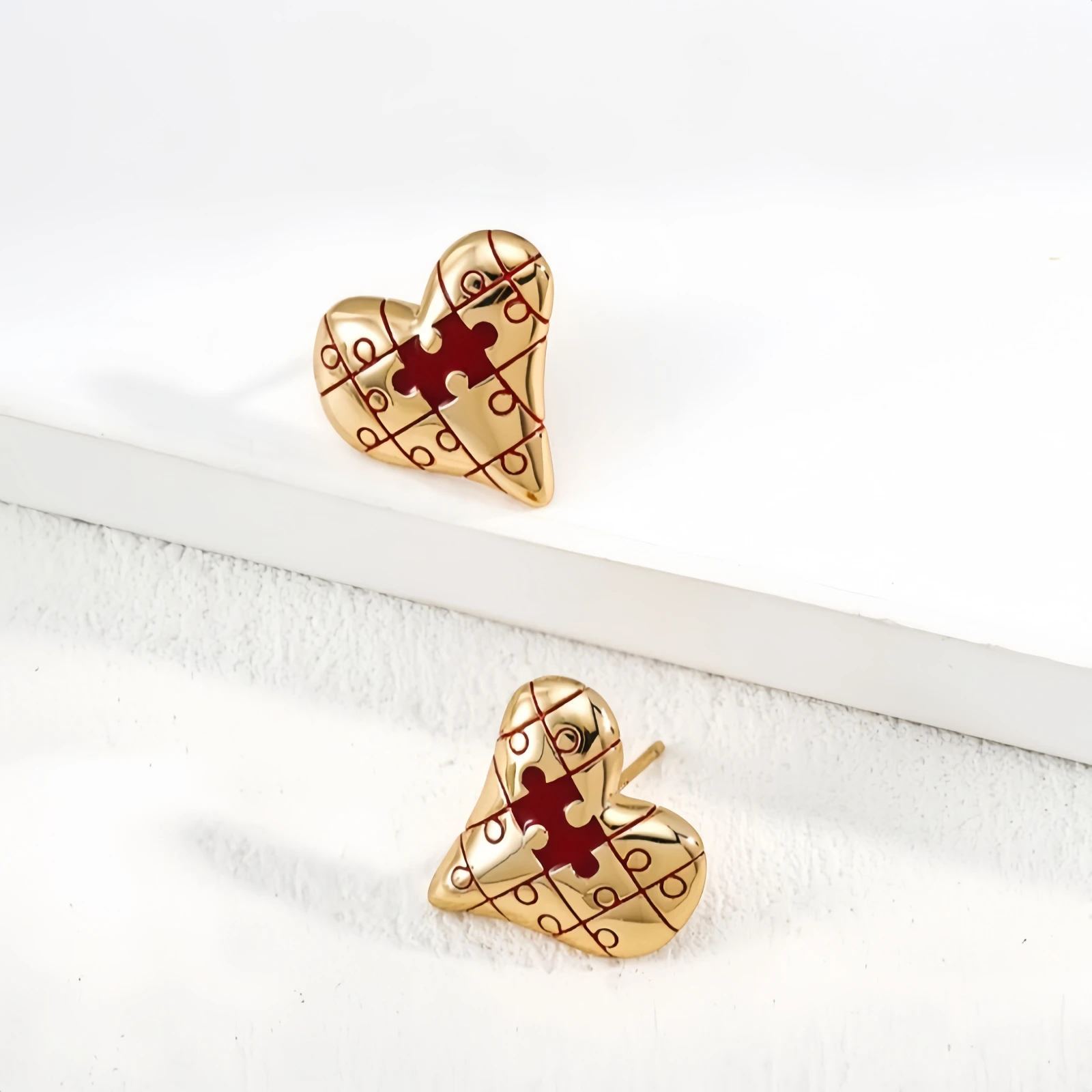 925 Silver Gold Plated Red Enamel Puzzle Big Heart Shape Stud Earrings Women Delicate Unique Chunky Statement Earring Love Gift