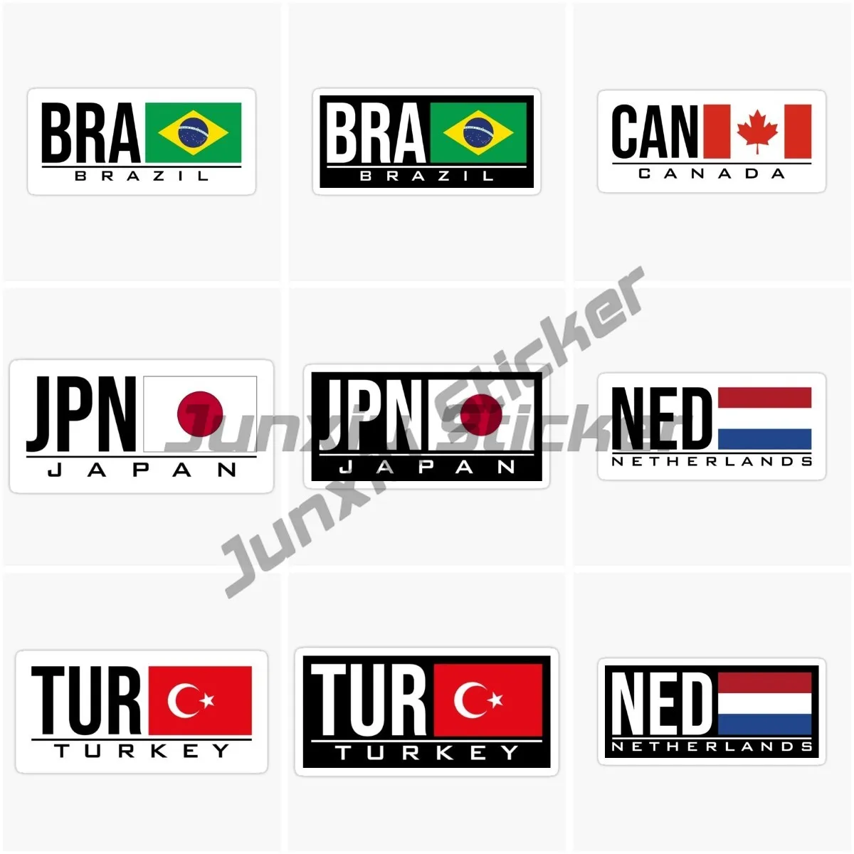 

BRA Brazil CAN Canada JPN Japan NED Netherlands TUR Türkiye Flag and Code Abbreviation Car Decal Vinyl Self Adhesive Decal