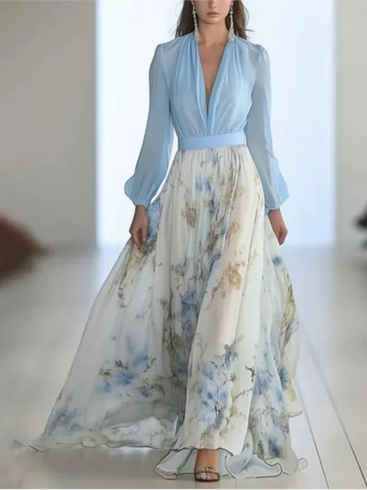 

Elegant V-neck Long-sleeved Chiffon Dress Fashion Spring Autumn Powder Sleeve Splicing Flower Printing Casual Dresses Female