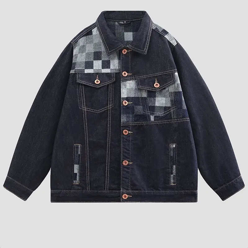 

American Retro Casual Splicing Denim Jacket Men's High Street Trendy Brand Loose Jacket Workwear Top