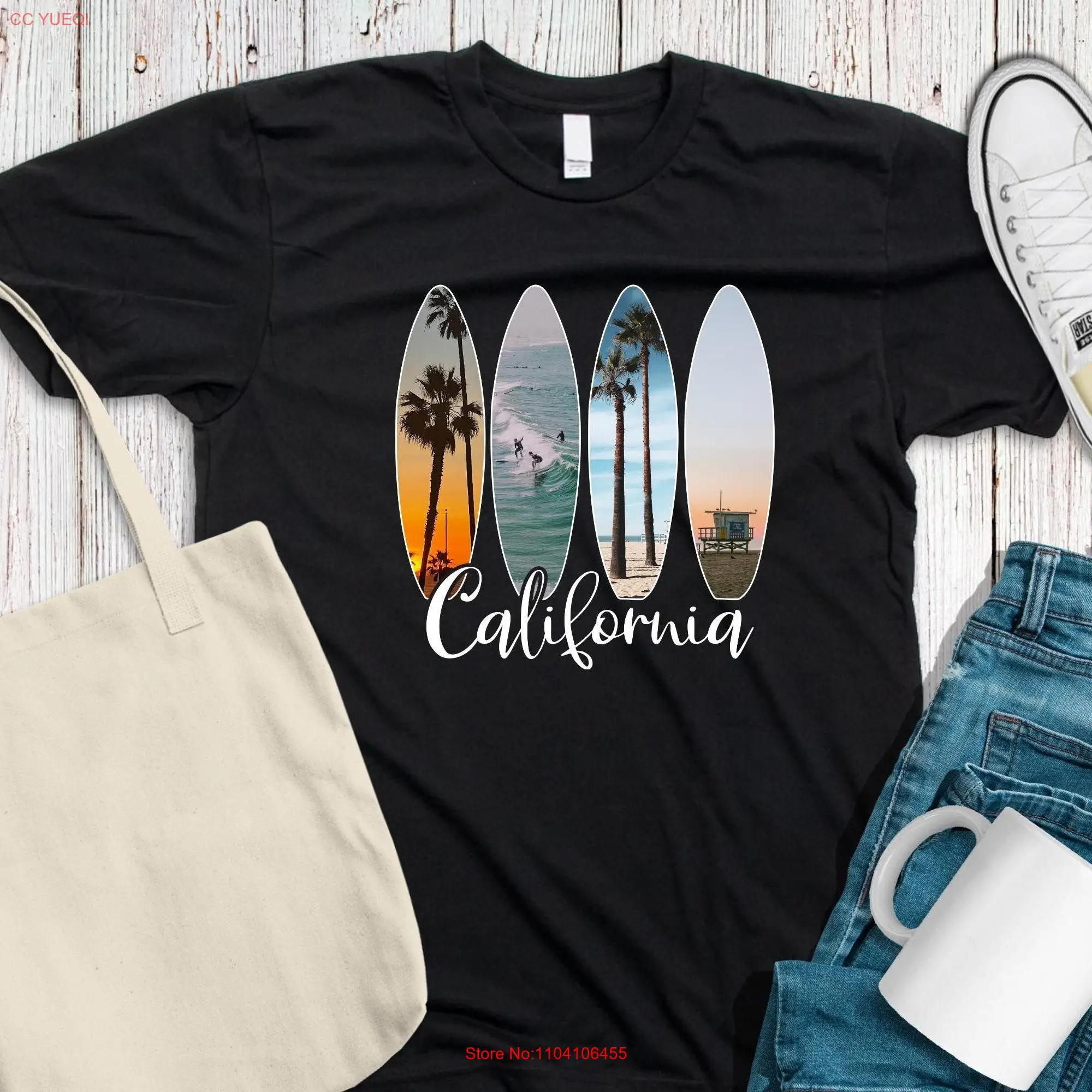 California  T Shirt Surfing SoCal Beach Culture Surfboard Summer long or short sleeves