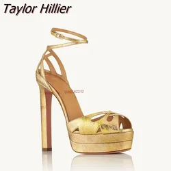 New Summer Water Platform Open-Toed Sandals Women'S Gold Fashion Thick Heel Cross Buckle Strap Sandals Simple Sexy All-Match 46