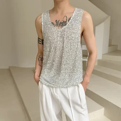 Mens Vest Sequin Stage Performance Tank Top Streetwear Fashion Nightclub Youth Trend Casual Sleeveless Top Men'S Clothing 2025