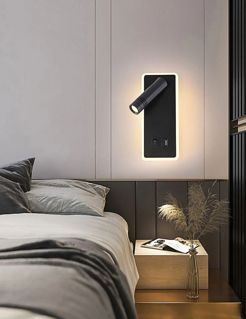 Modern Minimalist Multi-functional Rechargeable LED Wall Light Switch Nordic Reading Wall Light Rotatable Spotlight US/EU Plug