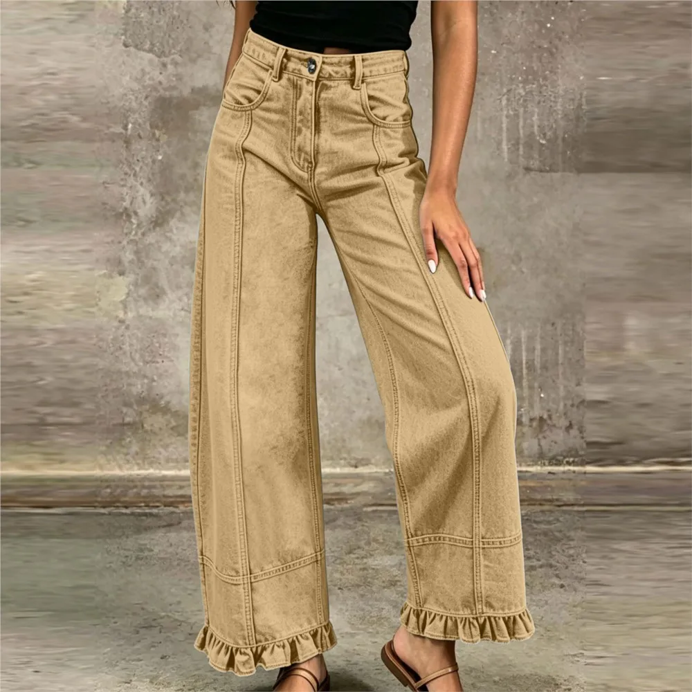 Women High Waist Wide Leg Jeans Fashion Solid Vintage Stitch Detail Ruffle Hem Loose Denim Pants Casual Streetwear Trousers
