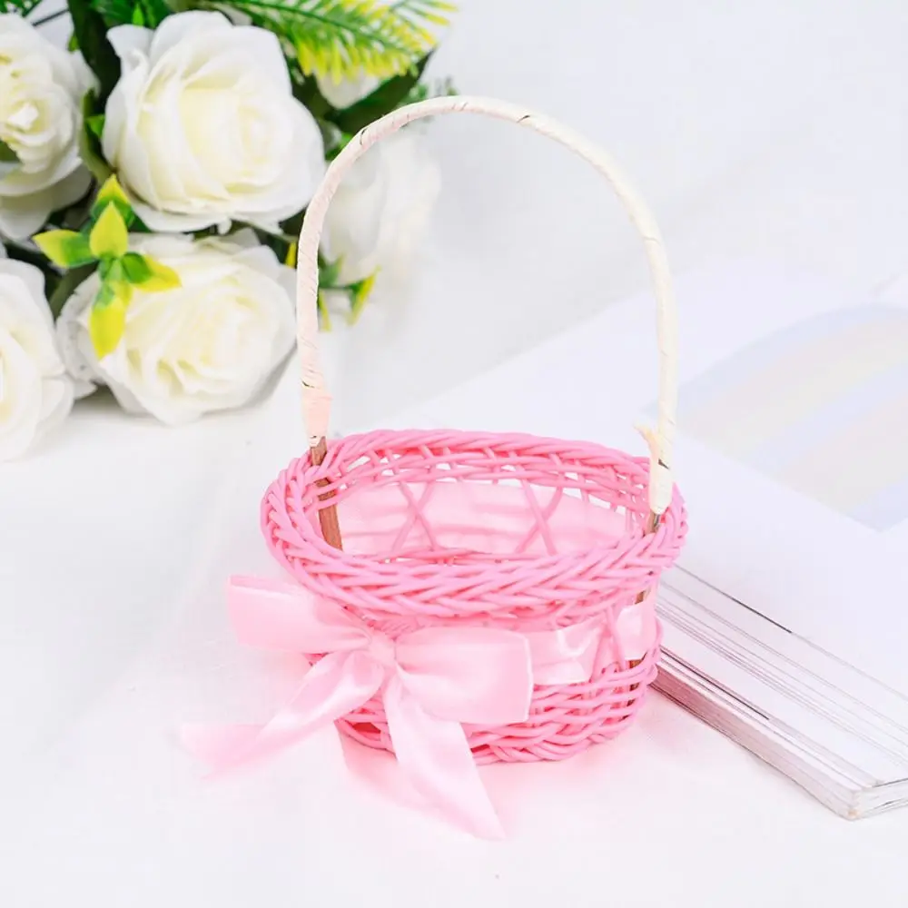 Pink/Purple/Orange/Blue/Yellow Round Small Flower Basket with handle Imitation Rattan Woven Hand-held Flower Basket Decorative