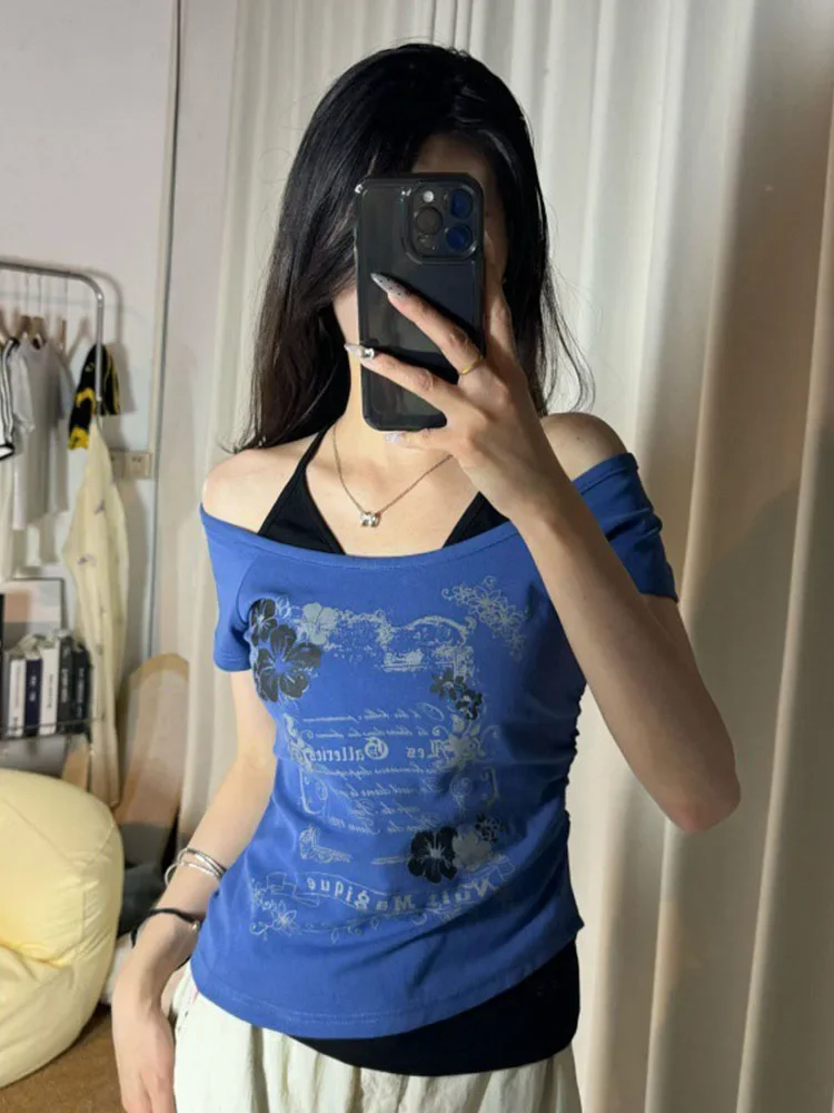 2026 Sommer Vintage Fake Two-Piece Neckholder-T-Shirt mit Schnürung, Y2K Slim Fit Print-Oberteil für Damen, schulterfreies Kurzarm-T-Shirt – Detail 9