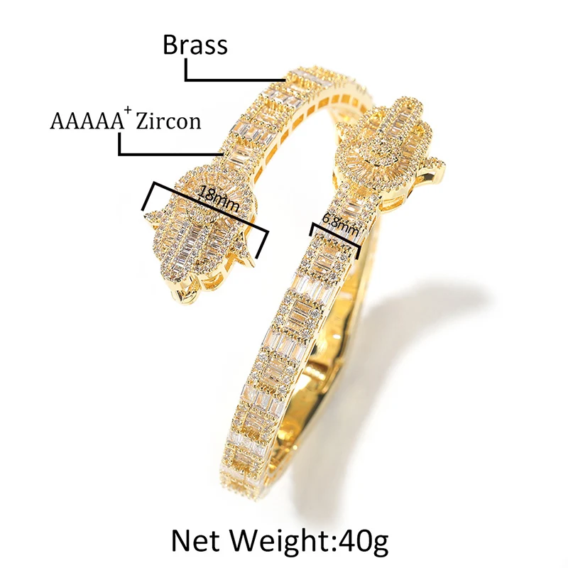 Hip Hop 5A+ Cubic Zirconia Paved Bling Ice Out Fatima Hands Open Cuff Bangle Bracelets for Men Rapper Jewelry Gold Silver Color