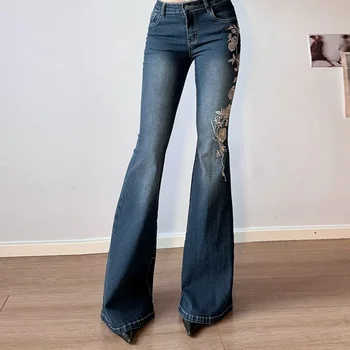 Women Retro Y2k Jeans Baggy Floral Embroidery Jeans Vintage 2000s Low Rise Flared Denim Pants High Street Basic Trousers 4