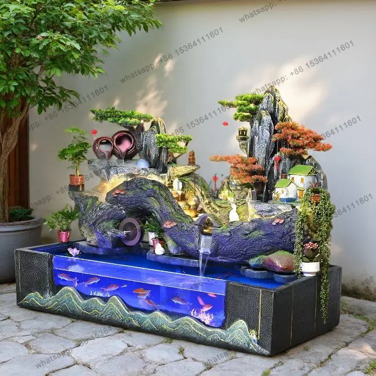 Rockery, flowing water, fountain, fish pond, courtyard, circulating water, landscape, balcony, feng shui wheel to attract wealth