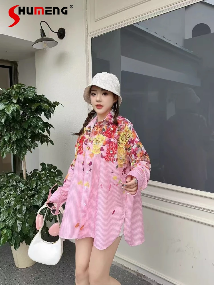 

Women's 2025 Spring Autumn New High Street Striped Fashion Tops Printed Bead Loose Comfort Nice Shirt Women's Long Sleeve Shirts