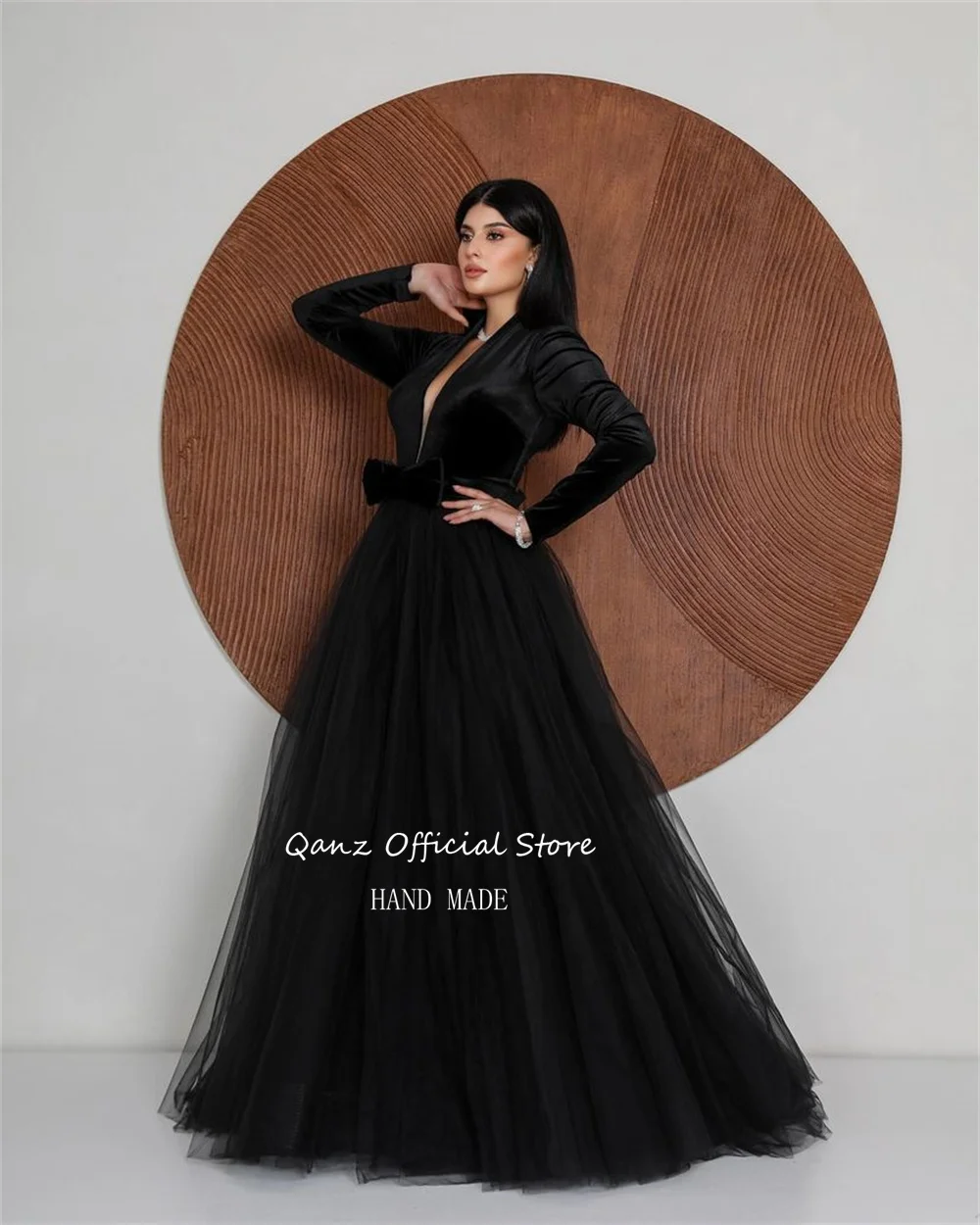 Qanz Vintage Black Evening Dresses Long Sleeves Velour And Tulle Formal Occasion Dresses A Line Deep V Neck Dresses For Women