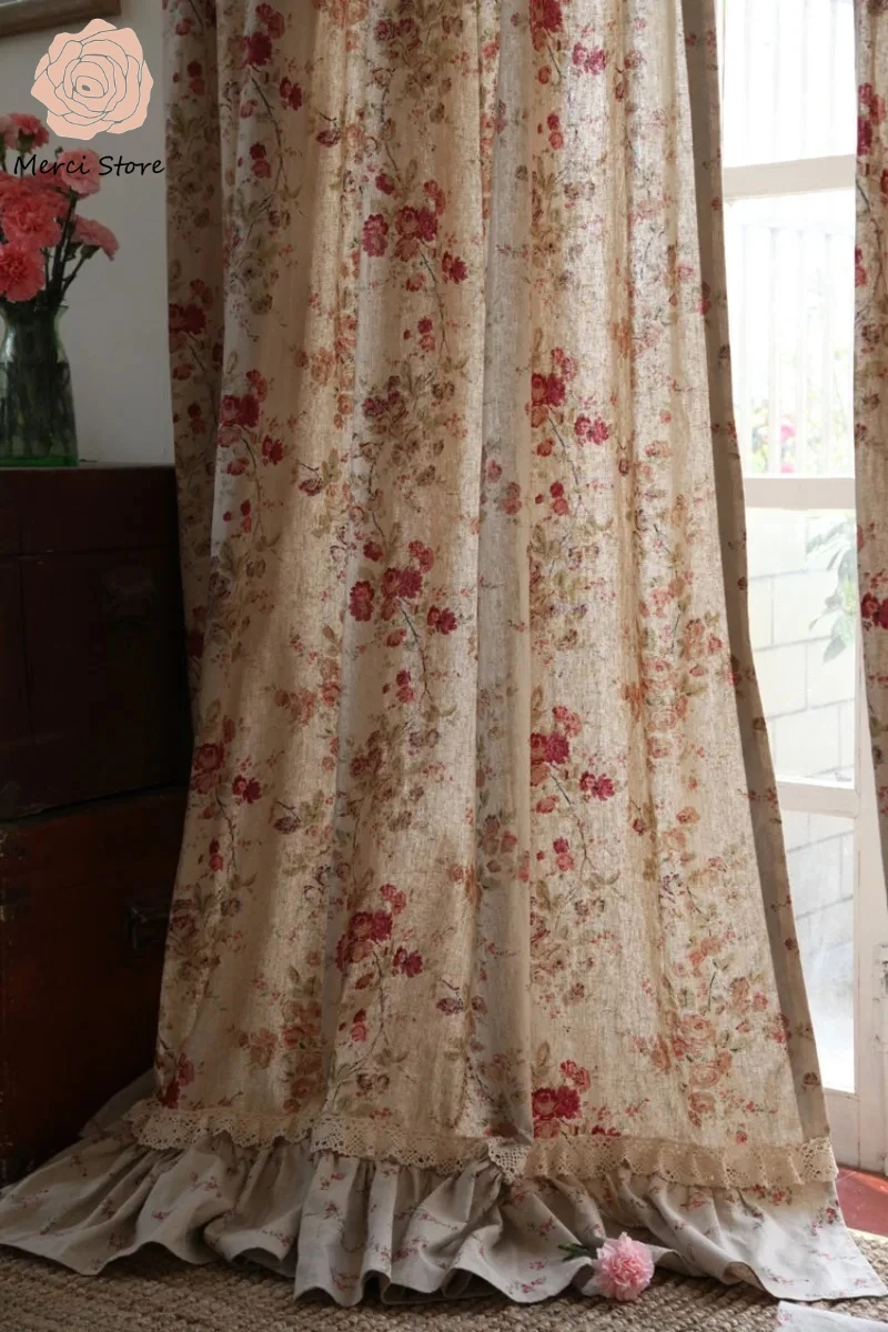 Luxury Paris Wild Rose French Country American Linen Cotton Ruffle Lace Curtains for Bedroom Custom Made Window Drapes Chenille