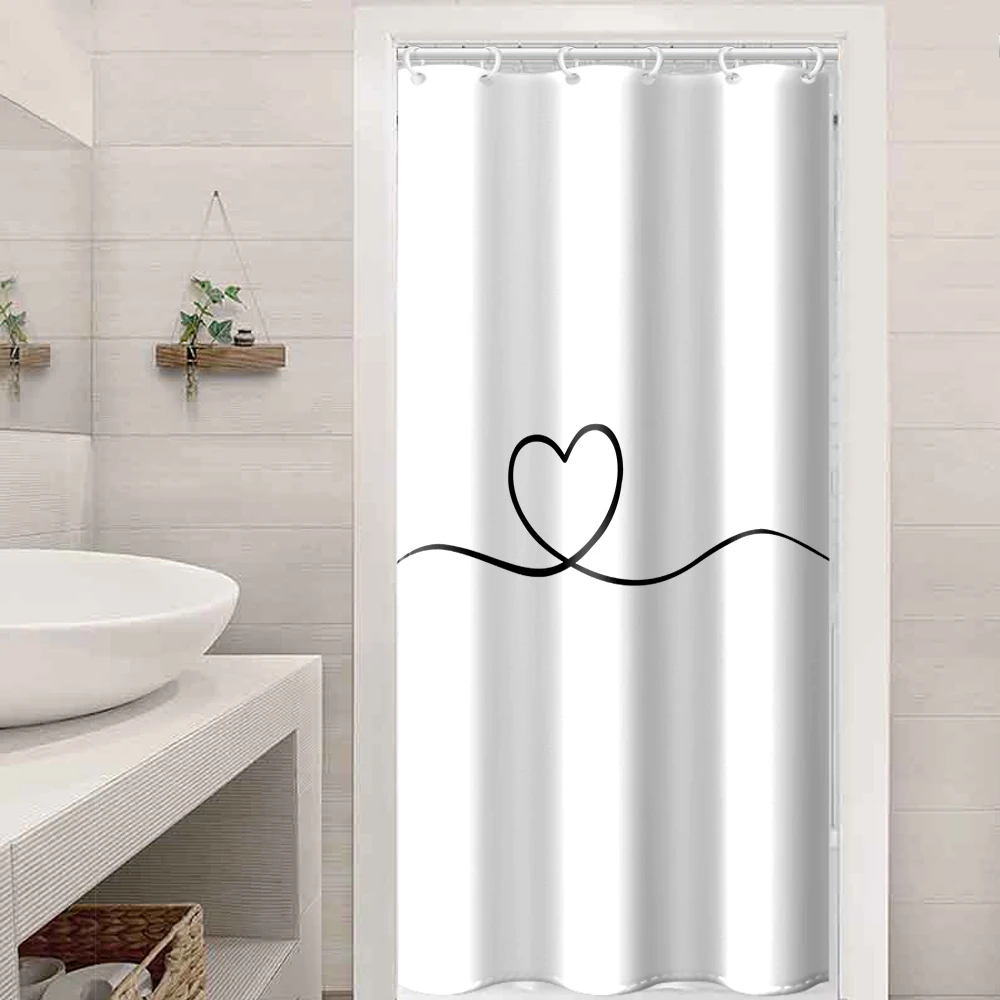 180x180cm Simple White Heart Shower Curtain Set Colored Vertical Stripes Fashionable Bathroom Decoration With Plastic Hooks