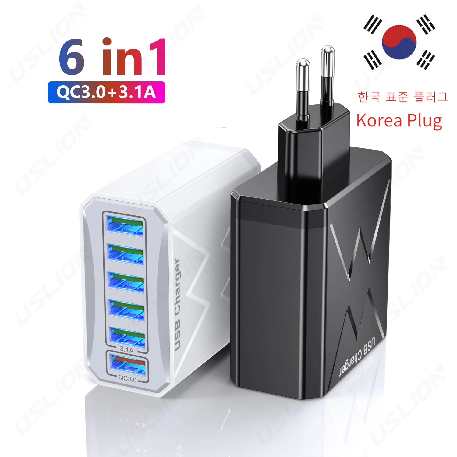 GTWIN USB Fast Charger KR Plug 6in1 QC3.0 Quick Charge Phone Charger Korea Charger Adapter 6 Ports Travel Charger For iPhone 14