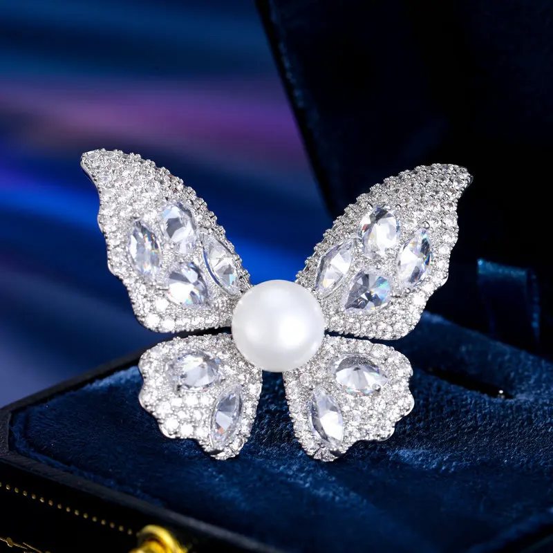 Chinese Style Lucky Auspicious Butterfly Brooch Shiny Zircon Freshwater Pearl Fortune Blessing Fall Winter For Women Coat Suit