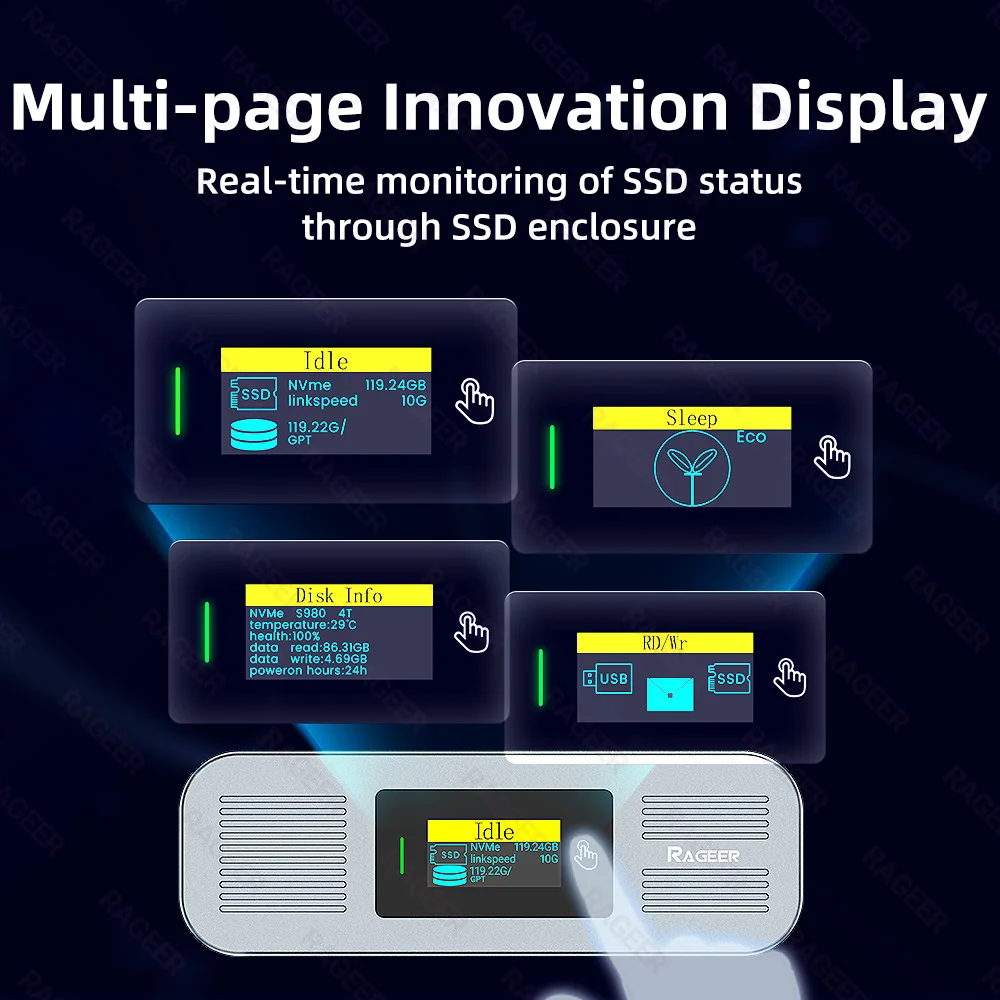 RAGEER Screen Display M.2 NVMe 2280 Enclosure, Aluminum USB-C Adapter with 10Gbps data transfer speeds for external SSD storage.