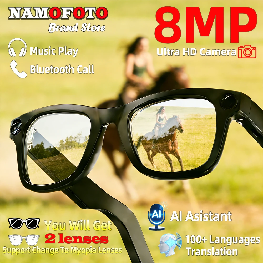 

2026 New AI Smart Glasses 8MP 1080P Ultra-Wide HD Camera Translation Video Voice Record Photo Recognition GPT BT Call Sunglasses