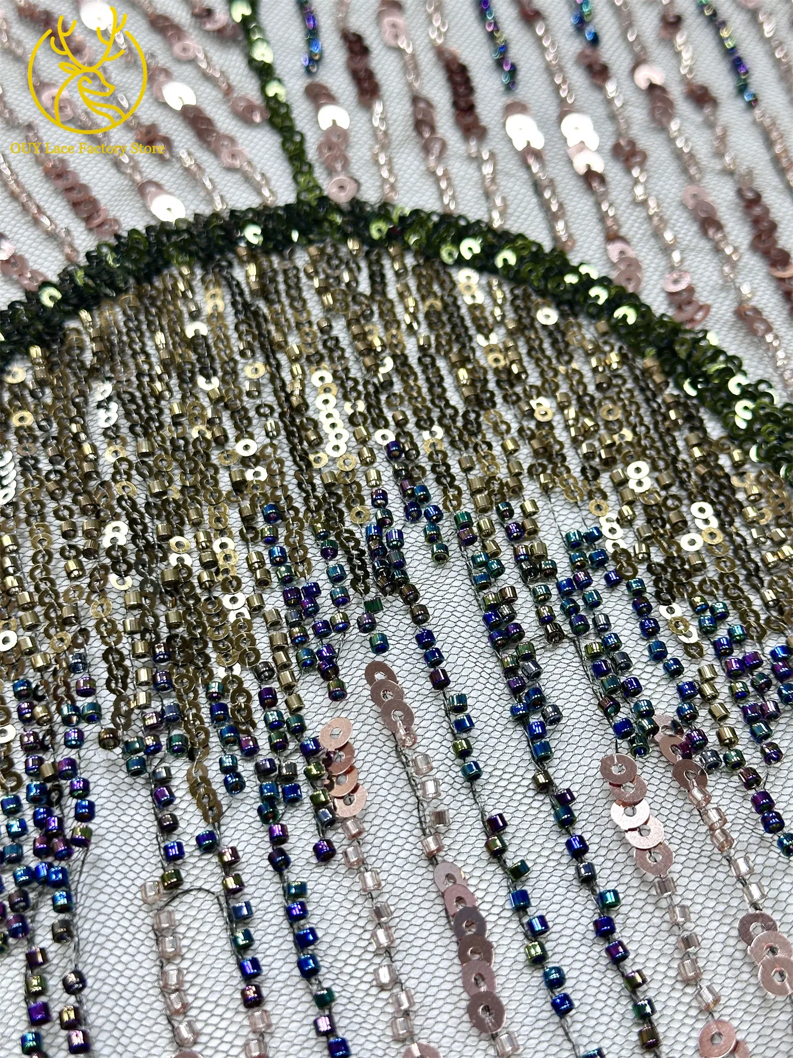 5 Yards afrikanischer Perlen-Pailletten-Spitzenstoff, hochwertiger, exquisiter nigerianischer Tüll-Mesh-Spitzenstoff zum Nähen von Hochzeitskleidern – Detail 12