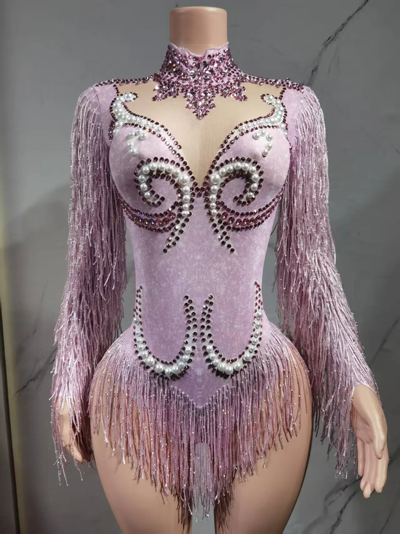 Luxury Gray Fringe Silver Rhinestones Pearls Transparent Bodysuit Women Dance S… - Image 2