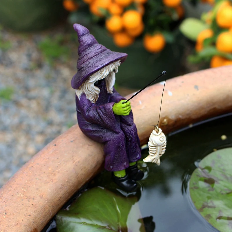 Strega da pesca Ornamenti artigianali in resina Decorazioni di Halloween Decorazione per vaso di fiori per acquario