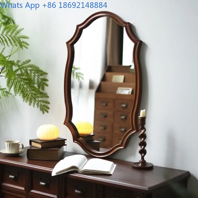 

Vintage Solid Wood Irregular Entryway Mirror French Half-Length Makeup Wall-Mounted Retro Decorative Mirror Frame