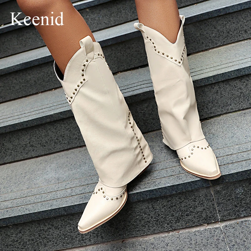 

Kcenid Concise Vintage Fashion Mid Calf Boots For Women Autumn Winter Square Heel Rivet Shoes Woman Pointed Toe Ankle Boots