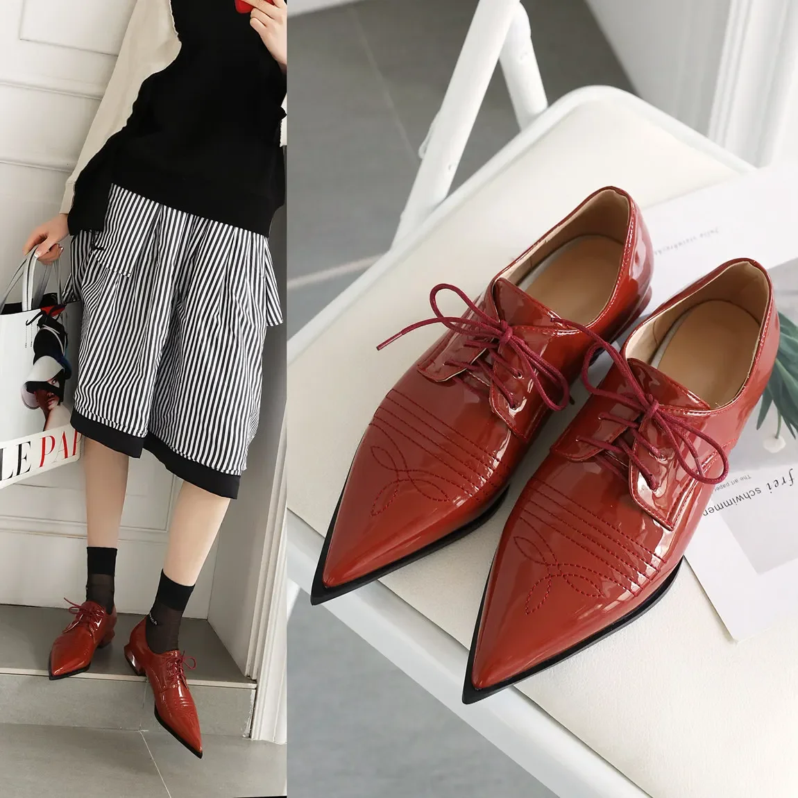 Women Pointed Toe Sewing Oxfords Red Patent Leather Pointed Toe Derbies Square Heel Flats Office Party Lady Lace British Brogues