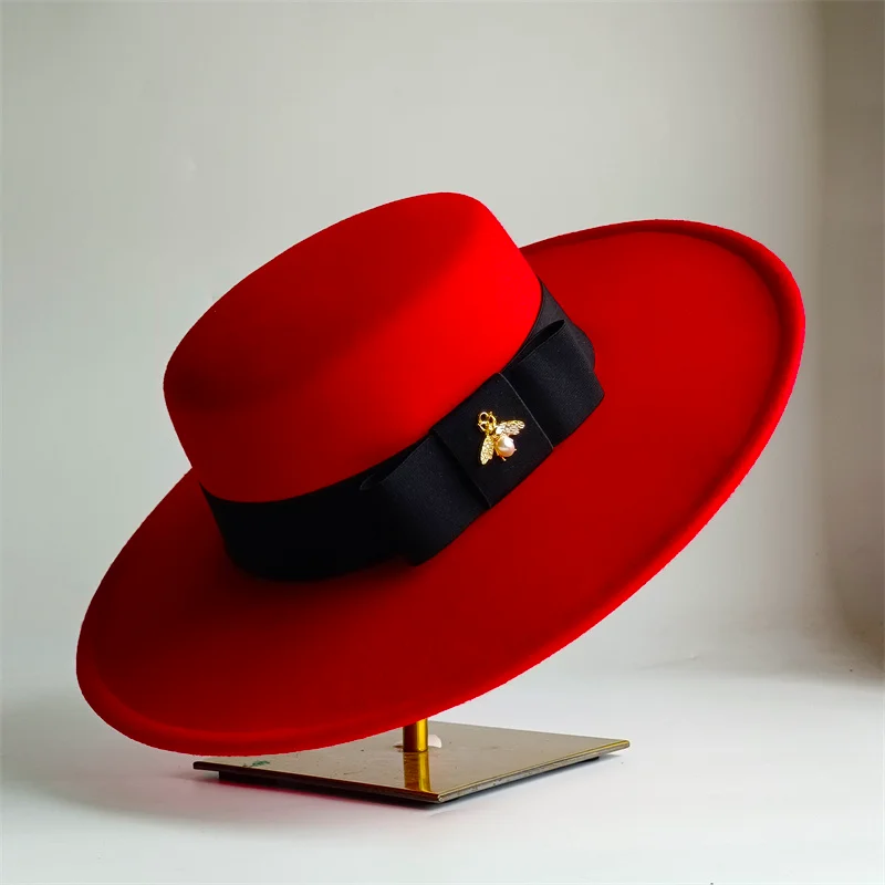 BEE Fedora Hat Burgundy French Style Fedora Hat for Women Wide Brim Flat Top Felt Hat Winter Autumn Derby Wedding Jazz Hats Cap
