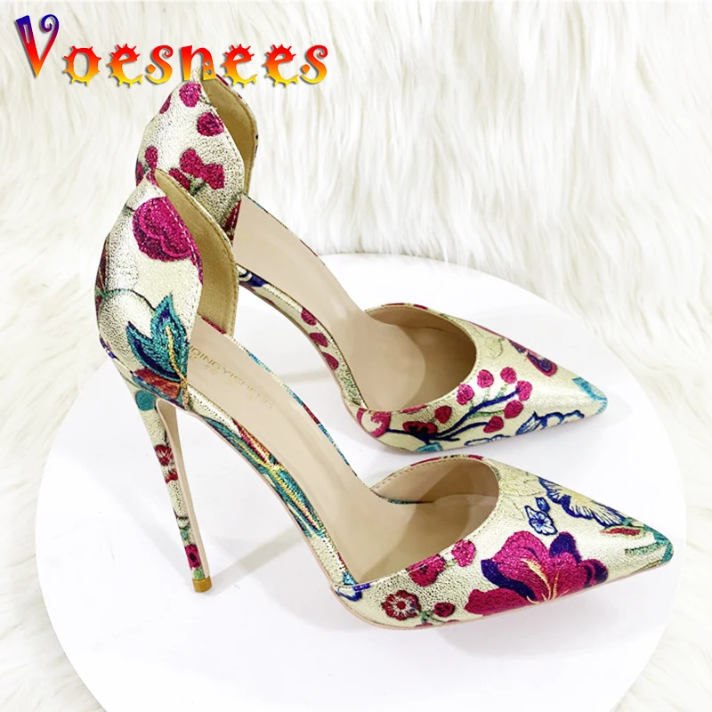 Fashion Print High Heels 2023 New 12CM Gold Embroidered Side Empty Sandals Slip-On Summer Elegant Women's Shoes Banquet Pumps