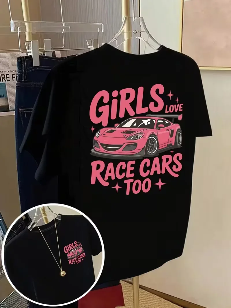 2026 Short-Sleeved T-Shirt with Love Race Cars Front and Back Design, A Stylish Pink Car Print - A Trendy Spring and Summer Tee