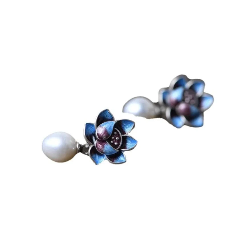 Pendientes de Perlas Blancas con Esmalte Azul Loto y Plata Antigua BKBK para Mujer, Pendientes de Boda para el Día de San Valentín, Día de la Madre, Joyería Nupcial Oriental Vintage Elegante para Novias, Damas de Honor, Damas Adultas, para Fiestas de Té y Uso Diario