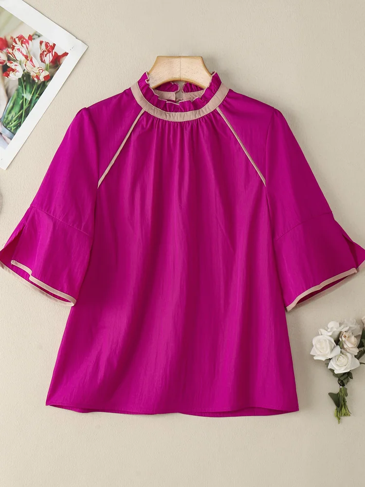 2025 ZANZEA بلوزة صيفية أنيقة للنساء OL قميص عمل غير رسمي مرقع بلوزات نسائية برقبة واقفة نصف كم #4