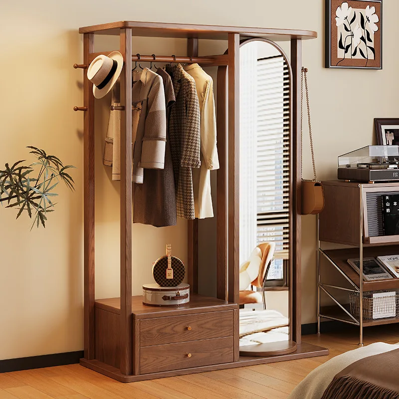 PYH solid wood coat rack floor-to-ceiling bedroom household hanger drawer full-length mirror integrated rack try rack