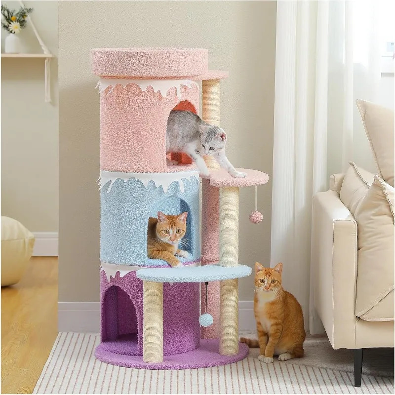 

43'' Cat Tower for Indoor Large Cats, Cat Activity Tree House with 3 Large Condos and Sisal Covered Scratching Posts for Kittens