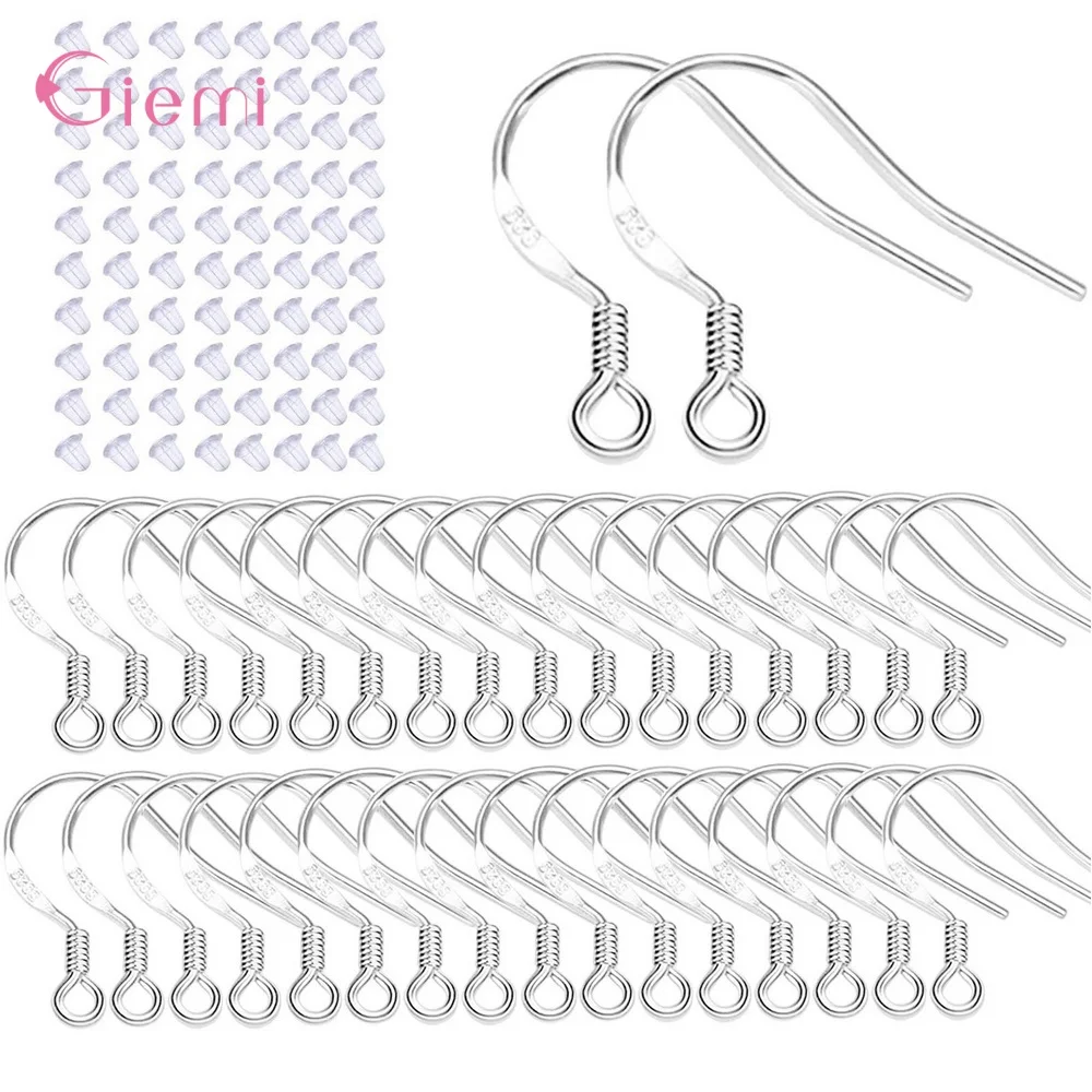 

200PCS/Lot Making DIY Design Jewelry Findings 925 Silver Earrings Hooks 20mm Earwires With Rubber Ear Plugs