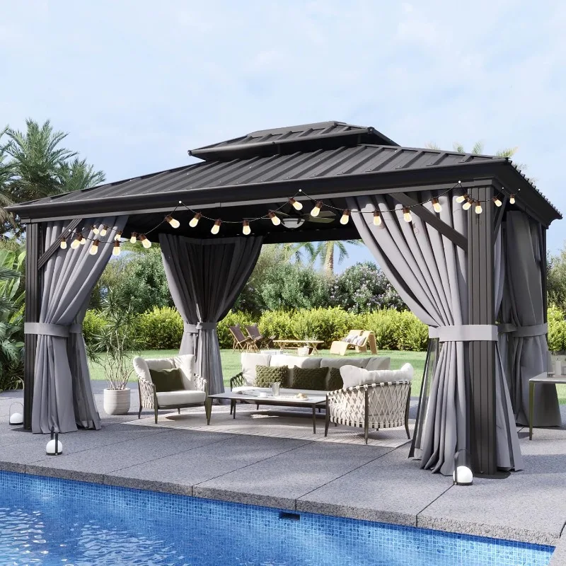 شرفة صلبة مقاس 10 × 12، إطار من الألومنيوم مع سقف فولاذي مزدوج، مظلة خارجية مع شبكة وستارة #2