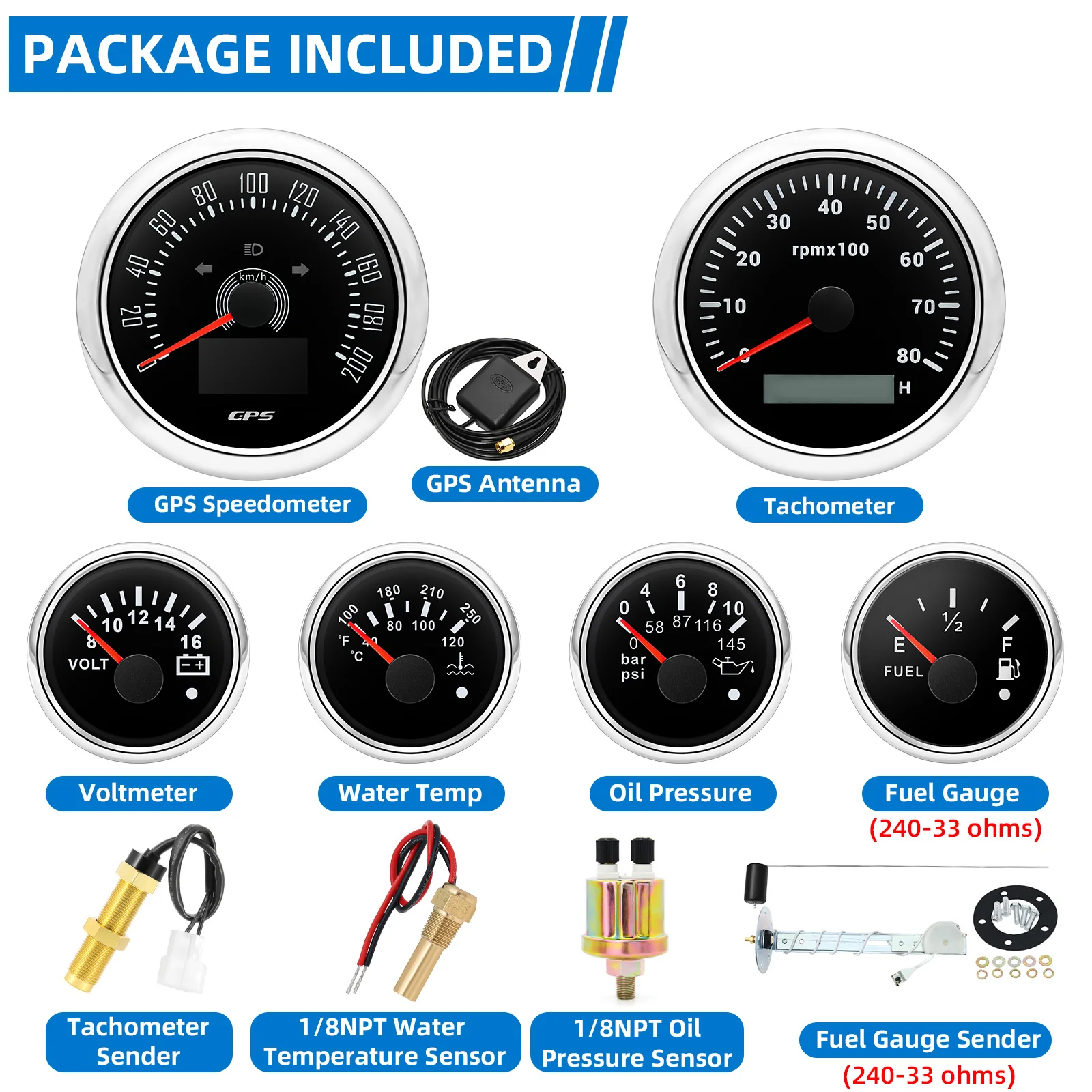 6 Gauge Set 200KMH GPS Snelheidsmeter 8000 RPM Toerenteller Brandstofmeter Volt Water Temp Oliepersmeter Met Sensoren voor Boot Auto 9-32 V